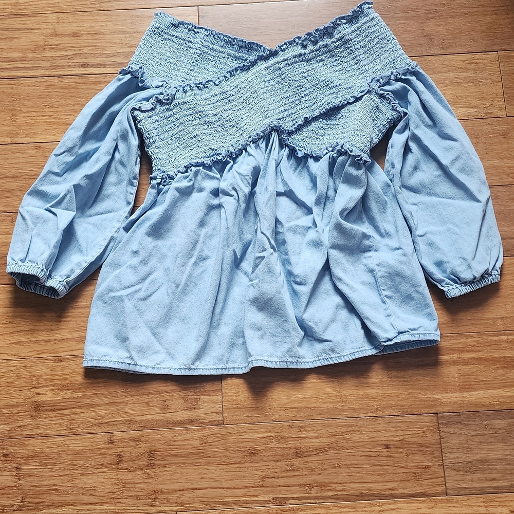 INC International Concepts Light Blue Off-Shoulder Smocked Peasant Blouse